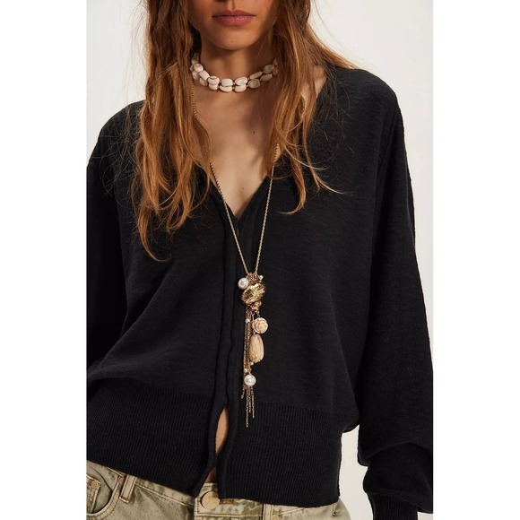 Free People Black Cardigan Sweater Size Large Lightweight NWT Kait Knit - Picture 3 of 3